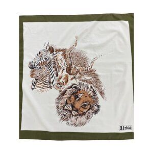 Vintage African Wildlife Print Scarf 28" Square Green & White Border Polyester H